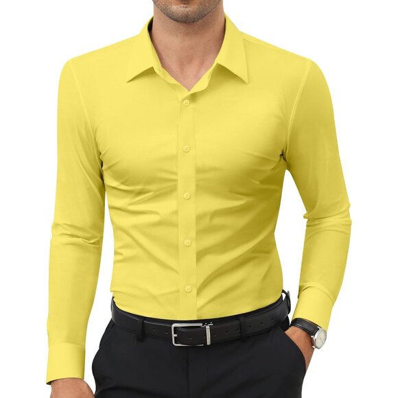 Men's Yellow Long Sleeve Slim Muscle Fit Wrinkle Free Button Down Dress Shirts - Picture 1 of 8